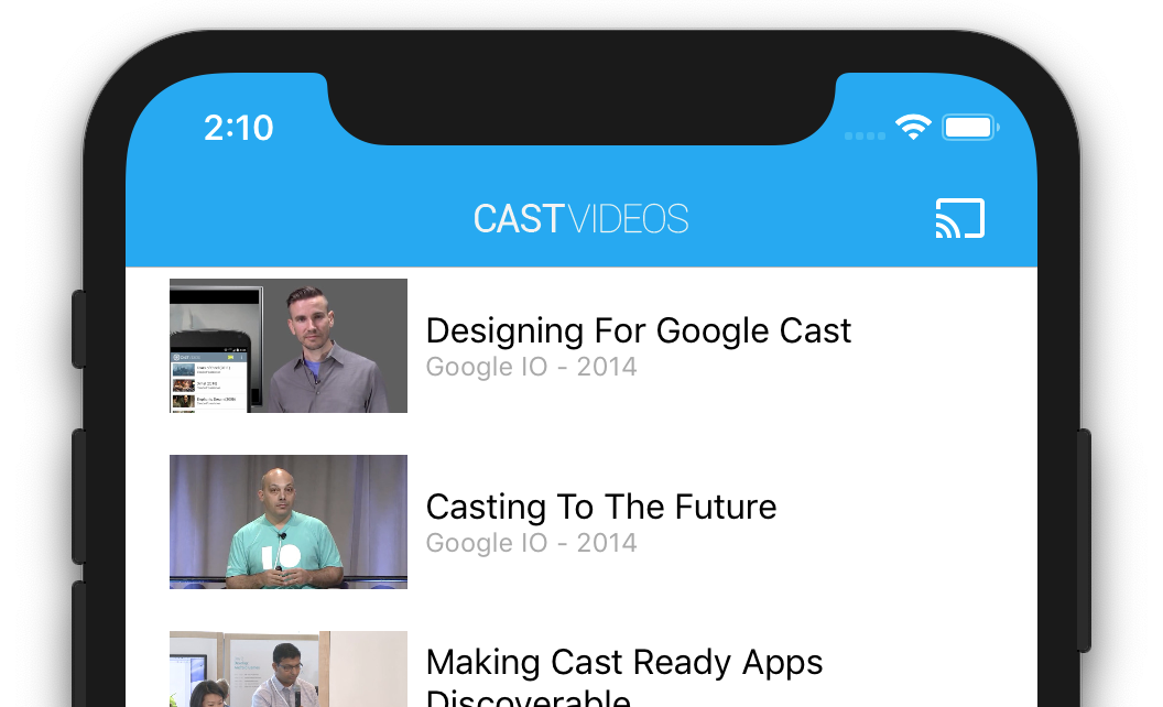 صورة توضيحية للجزء العلوي من هاتف iPhone يشغّل تطبيق CastVideos، ويظهر زر "البث" في أعلى يسار الشاشة