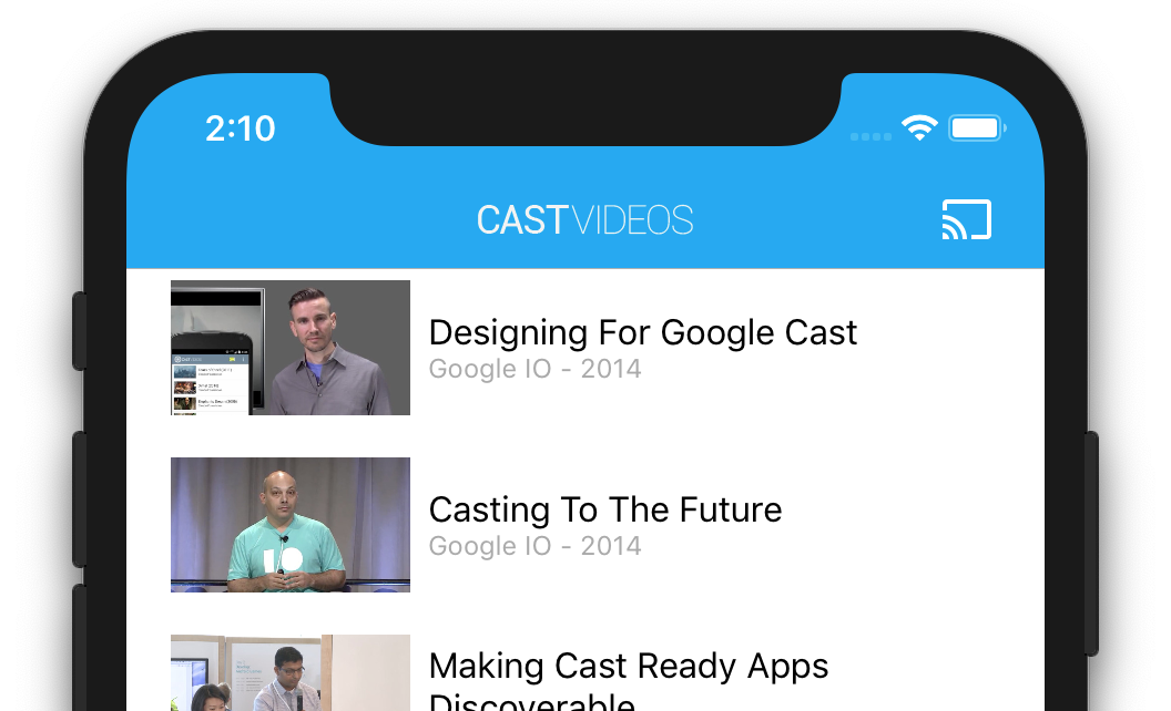 오른쪽 상단에 전송 버튼이 표시된 CastVideos 앱을 실행하는 iPhone의 상단 3개 그림