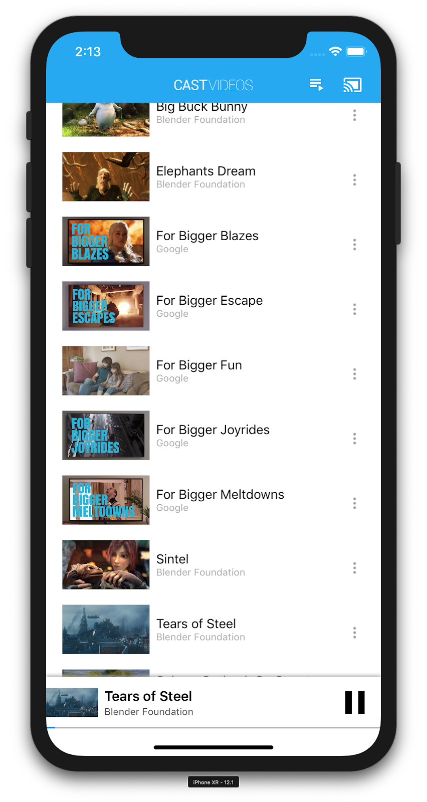 插圖：iPhone 執行 CastVideos 應用程式，底部顯示迷你遙控器