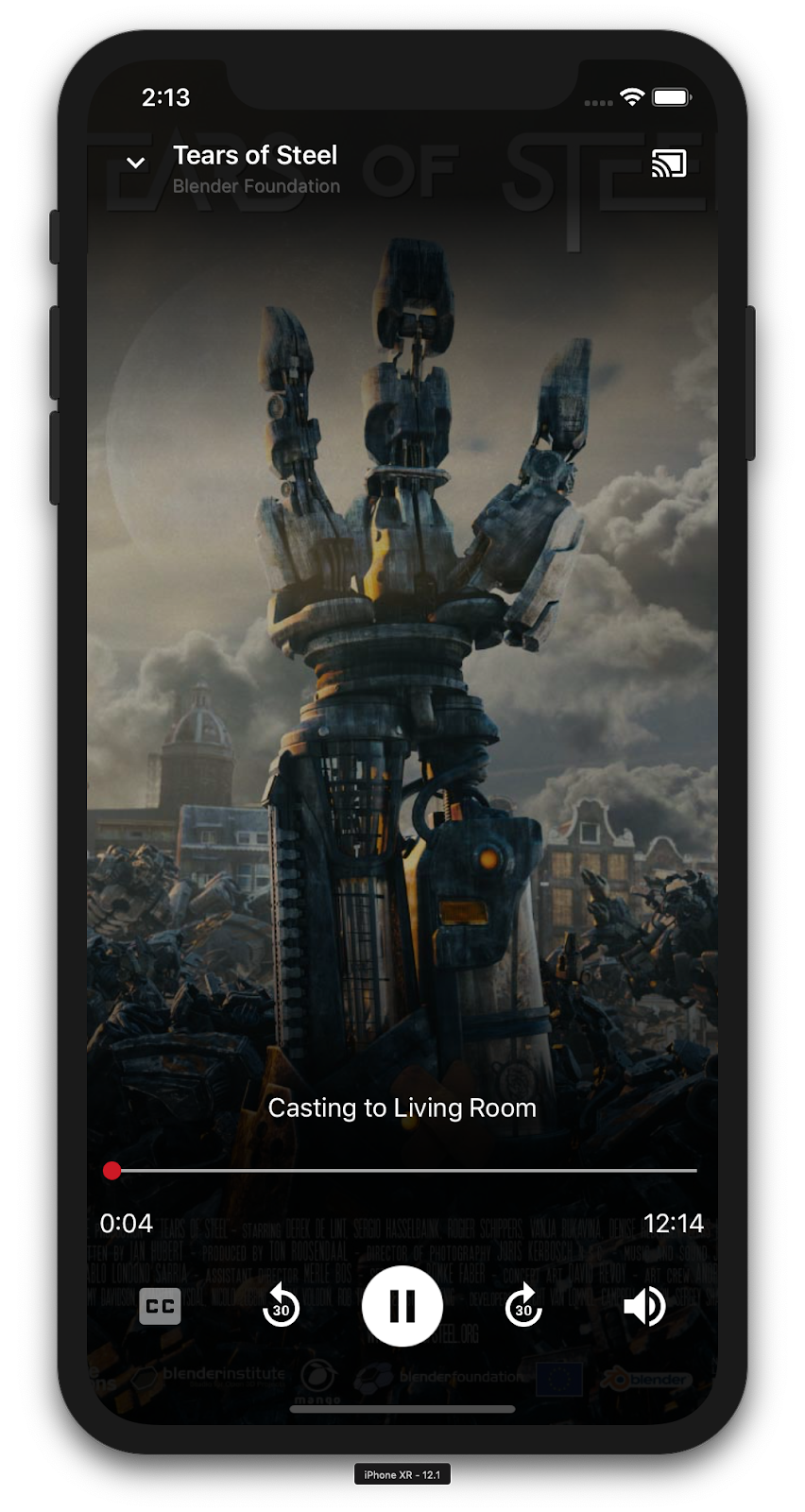 CastPlay 앱을 실행하는 iPhone의 하단에 펼쳐진 컨트롤러가 표시된 동영상을 보여주는 삽화