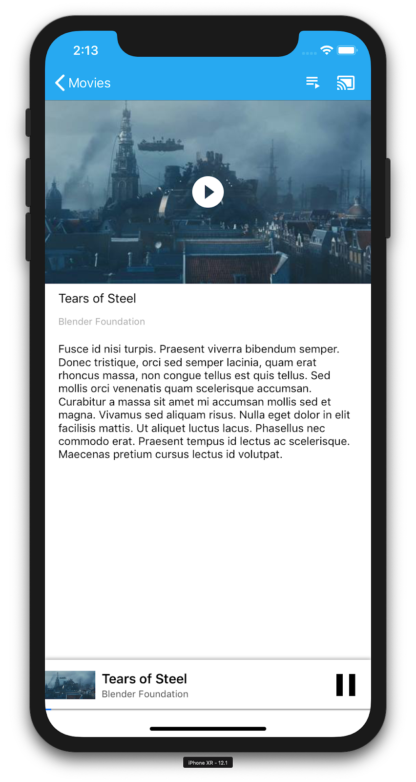 CastVideos アプリを実行している iPhone で、特定の動画の詳細（「Tears of Steel」）を表示するイラスト。下部はミニプレーヤー