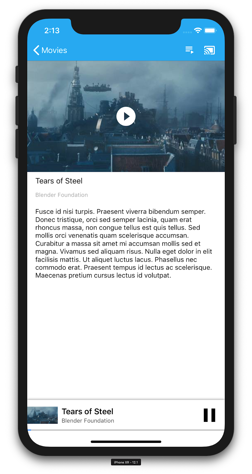 Ilustracja przedstawiająca iPhone’a z aplikacją CastVideos, która wyświetla szczegóły konkretnego filmu („Tears of Steel”). U dołu znajduje się miniodtwarzacz.
