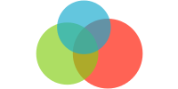 Diagrama de Venn con tres círculos superpuestos; uno es azul, los otros son verdes
