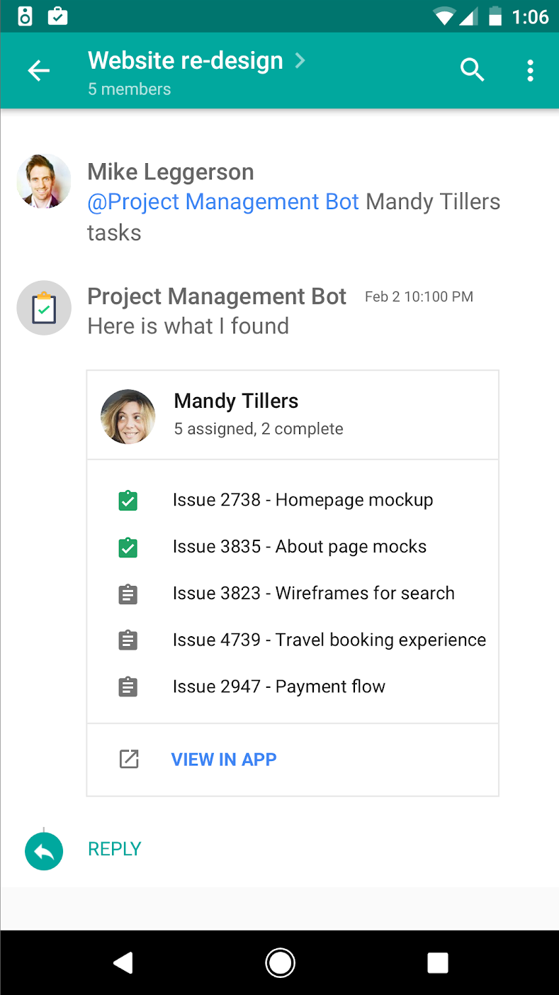 Project management app shows list of tasks to a user in a direct message.