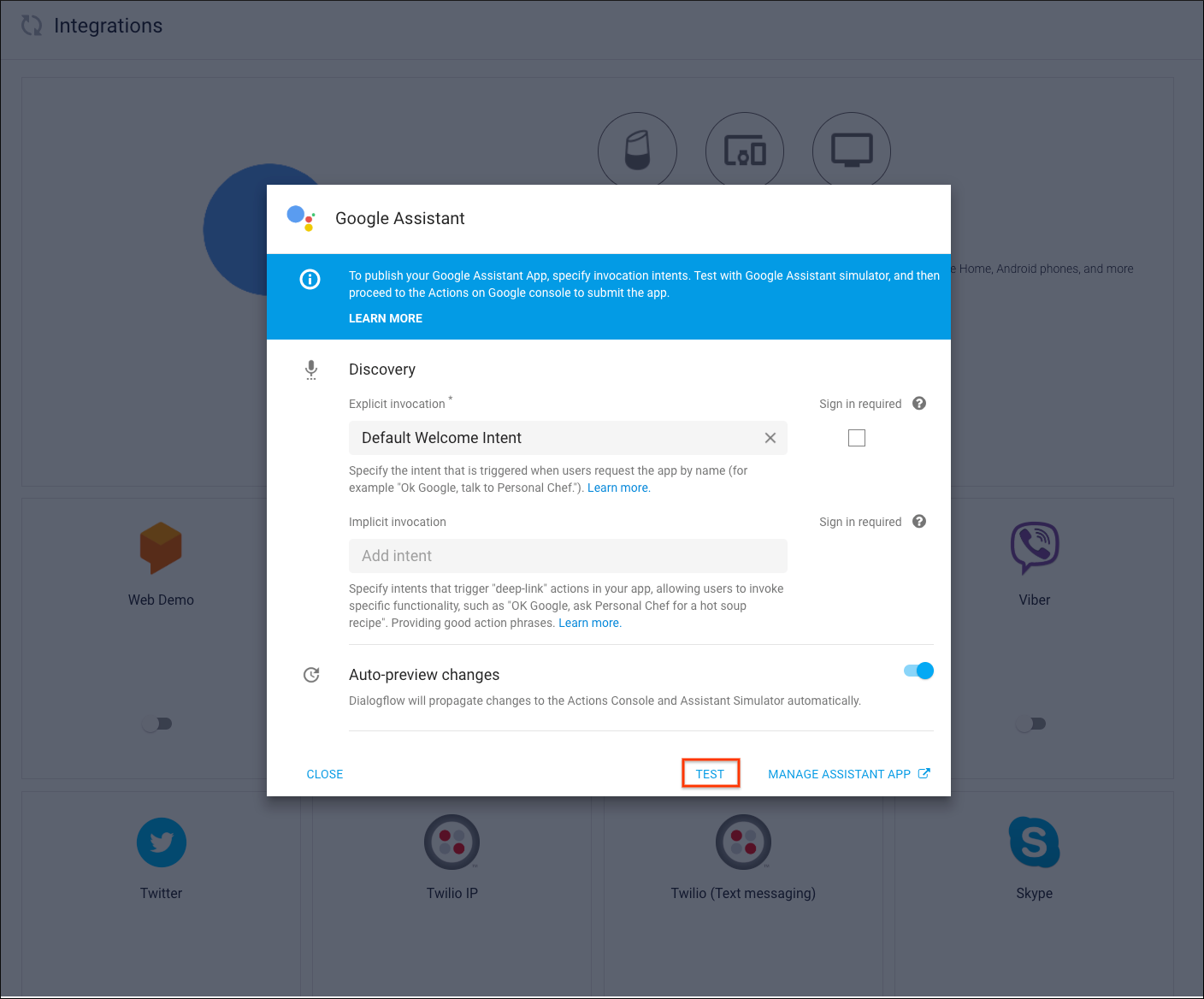 Figure 3: Dialogflow Console (Testing your Action from Google Assistant Integration Settings.)