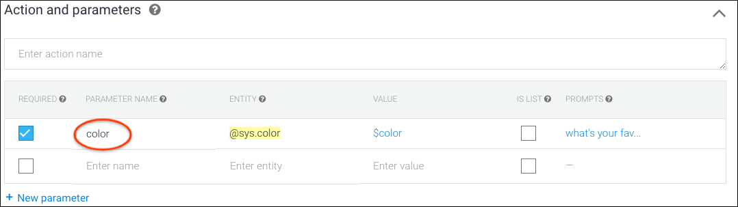 Figure 1: Defining parameters and prompts in the Dialogflow intents screen.