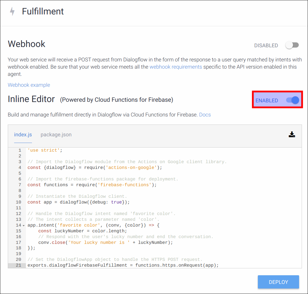 Figure 1: Dialogflow Console (Enabling the Dialogflow inline editor)