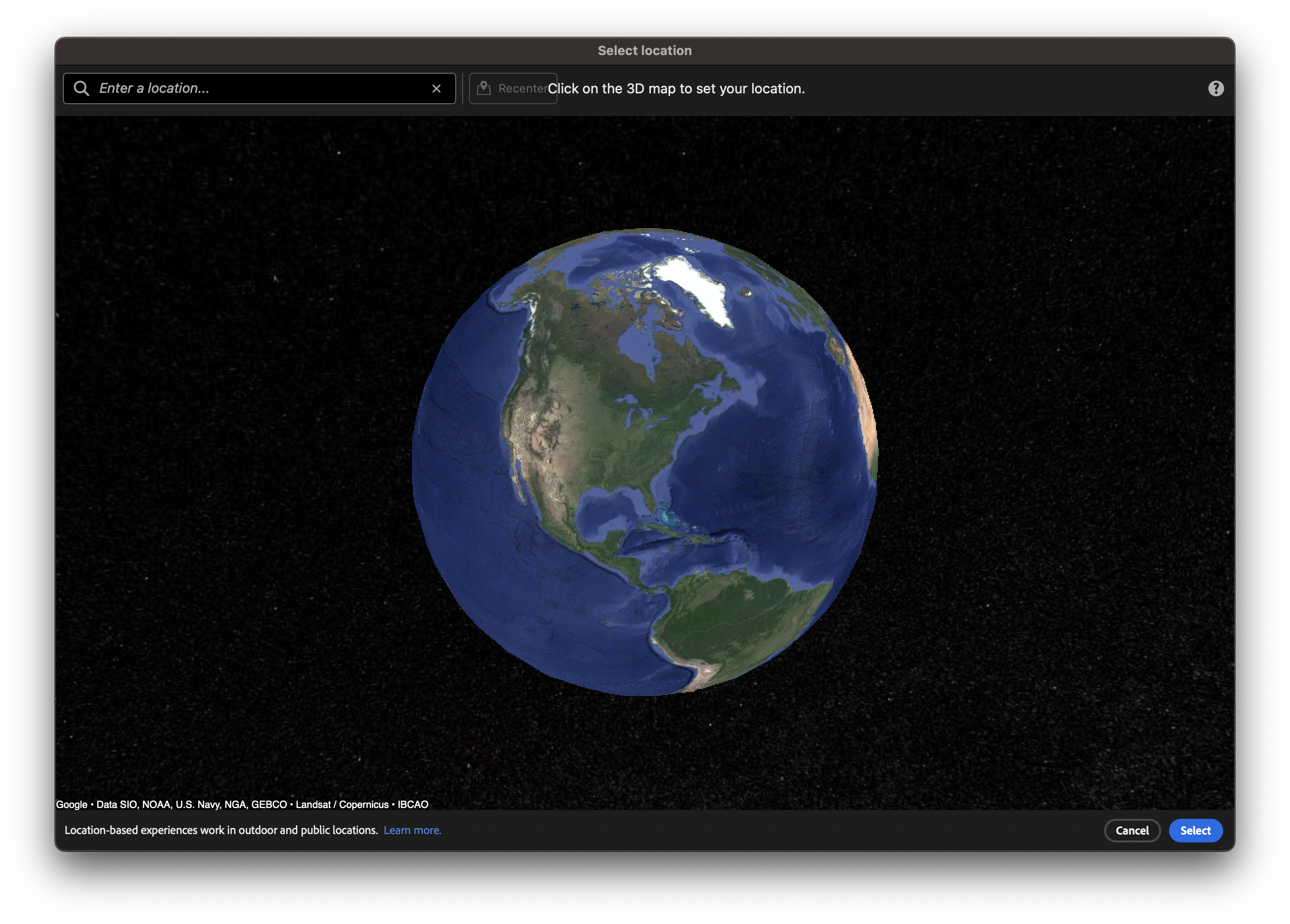 Adobe Aero&#39;daki konum seçici penceresi