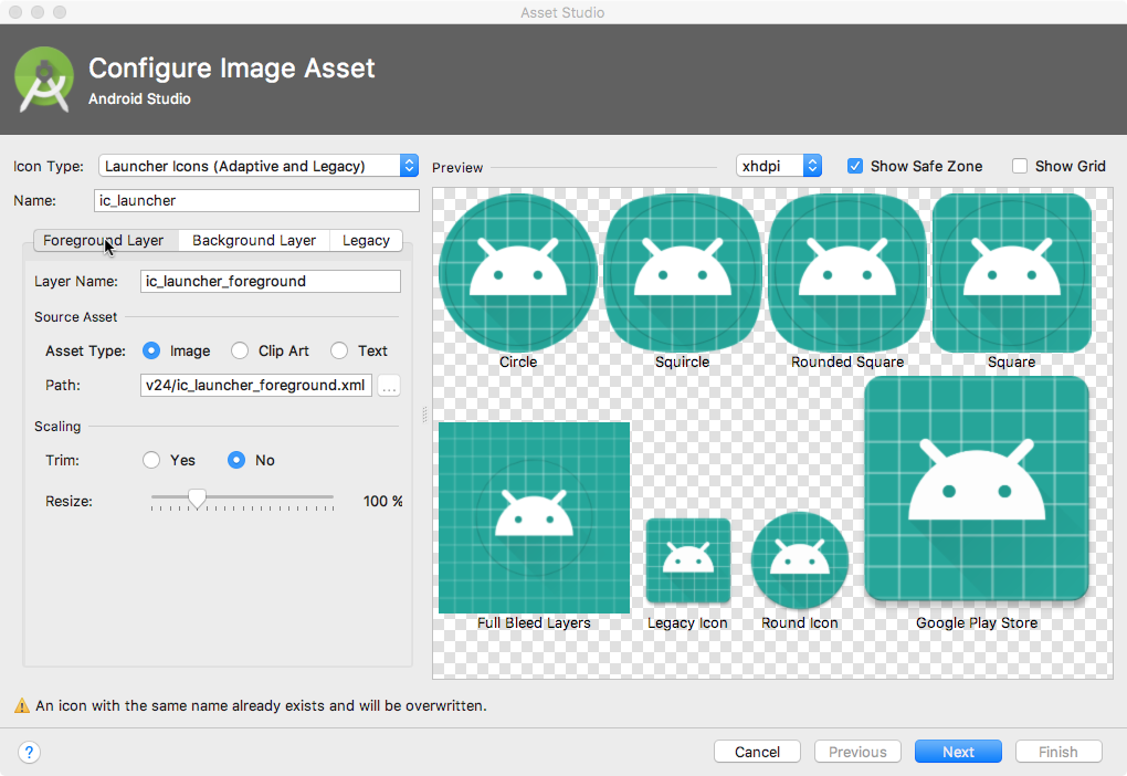 Cliquez sur l'onglet "Foreground Layer" (Calque de premier plan) pour l'icône du lanceur d'applications.