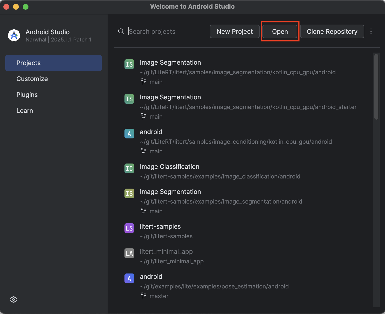 פתיחה של Android Studio