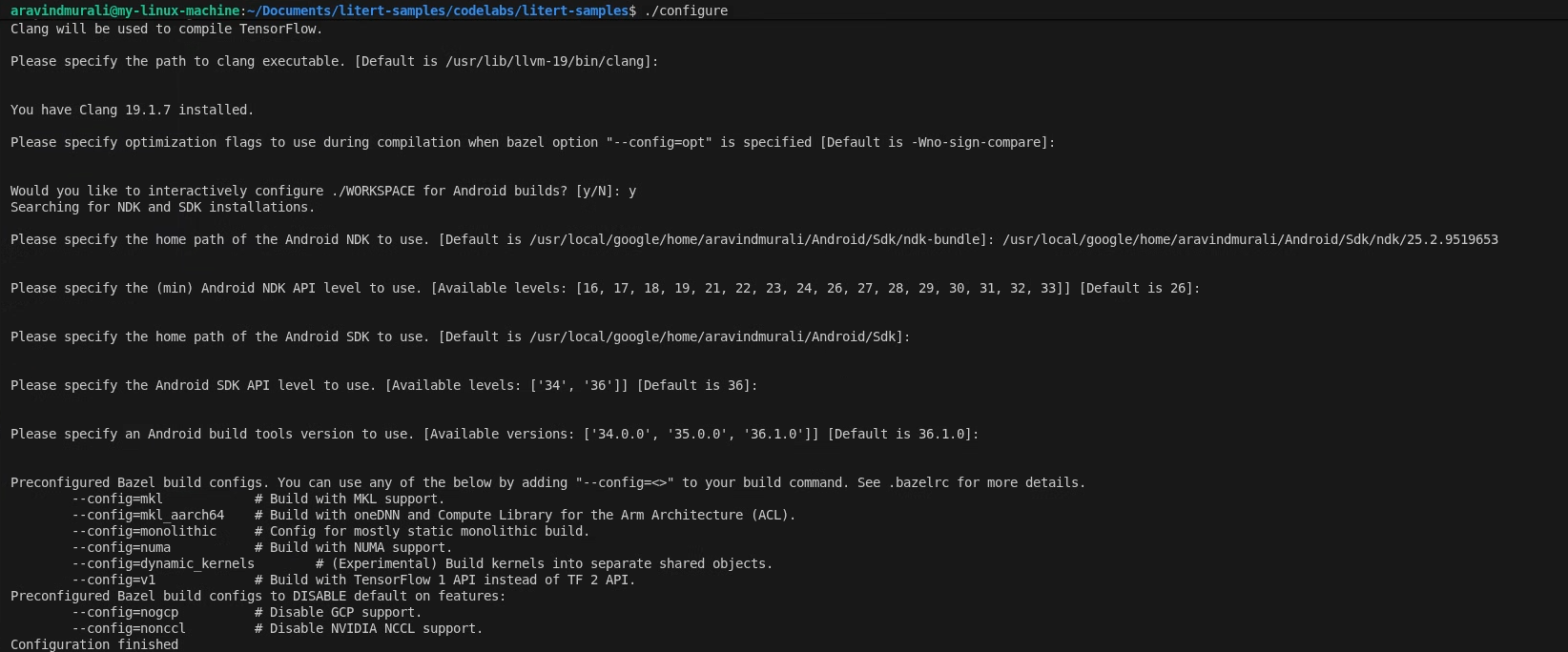 LiteRT サンプル ワークスペースの ./configure プロンプトと回答を示すターミナル
