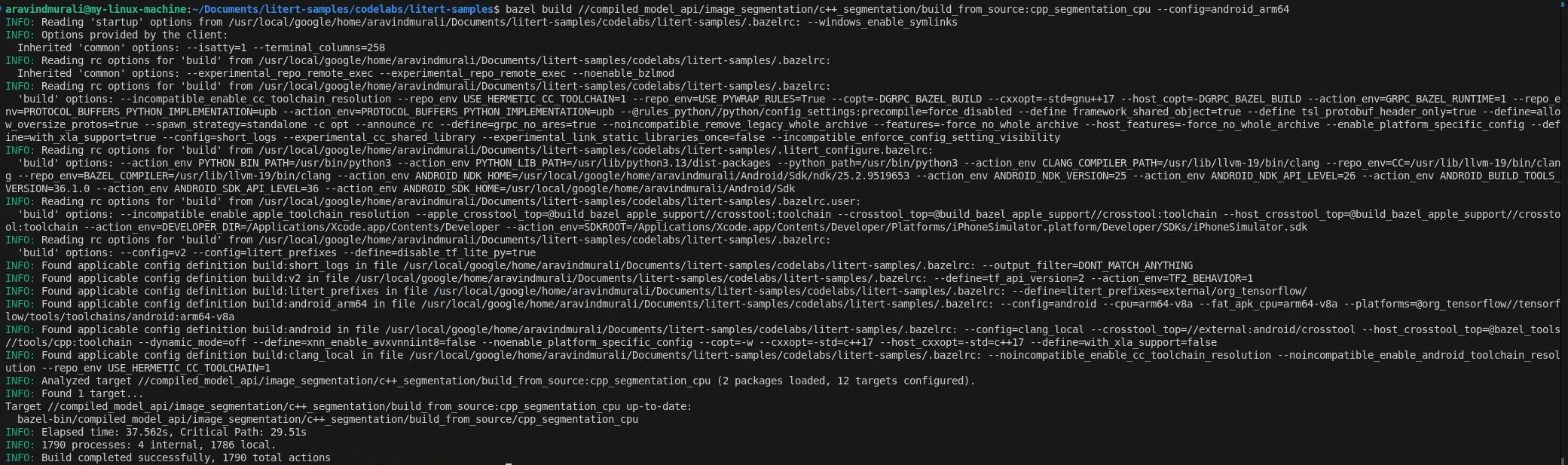 cpp_segmentation_cpu 및 cpp_segmentation_gpu의 bazel 빌드가 완료된 터미널