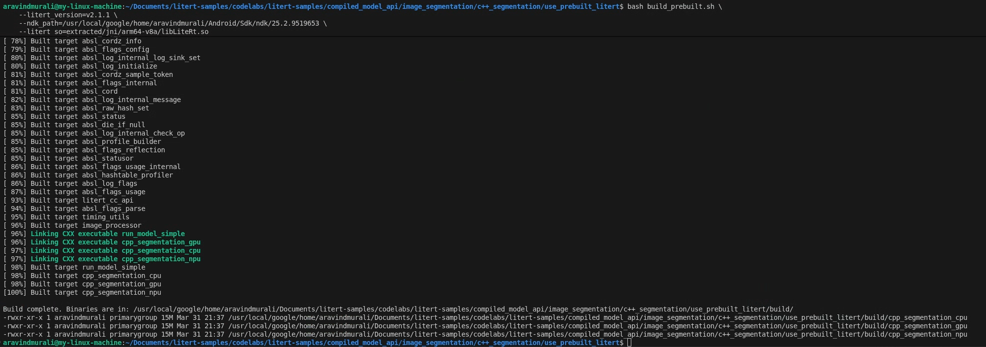 Terminal que muestra el resultado de build_prebuilt.sh completado con tres archivos binarios enumerados en build/
