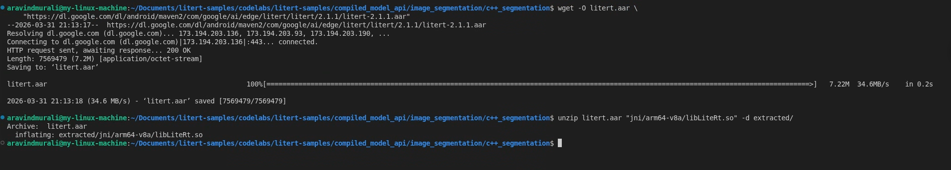 Terminal pokazujący pobieranie pliku AAR LiteRT za pomocą polecenia wget i wyodrębnianie pliku libLiteRt.so za pomocą polecenia unzip