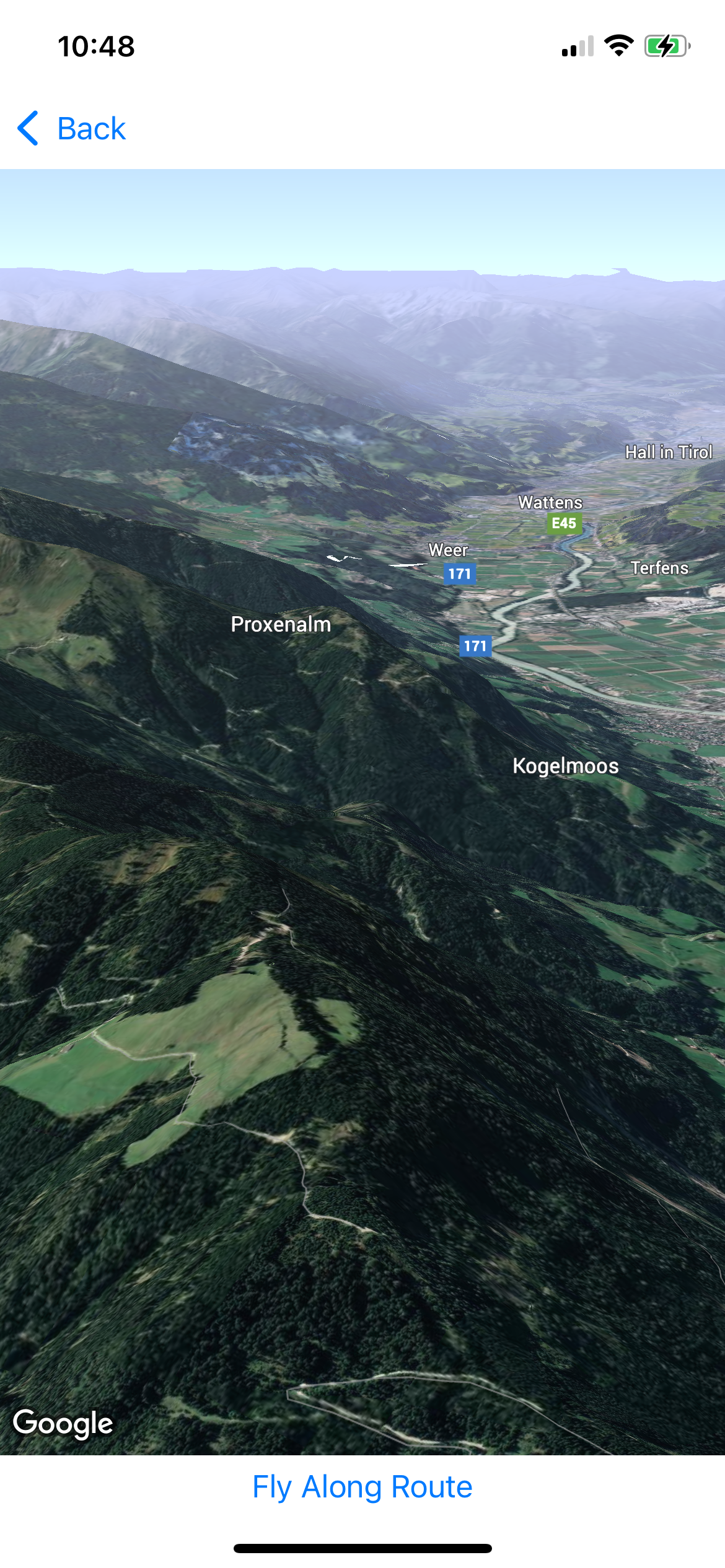 Vue cartographique 3D de l'approche d'Innsbruck