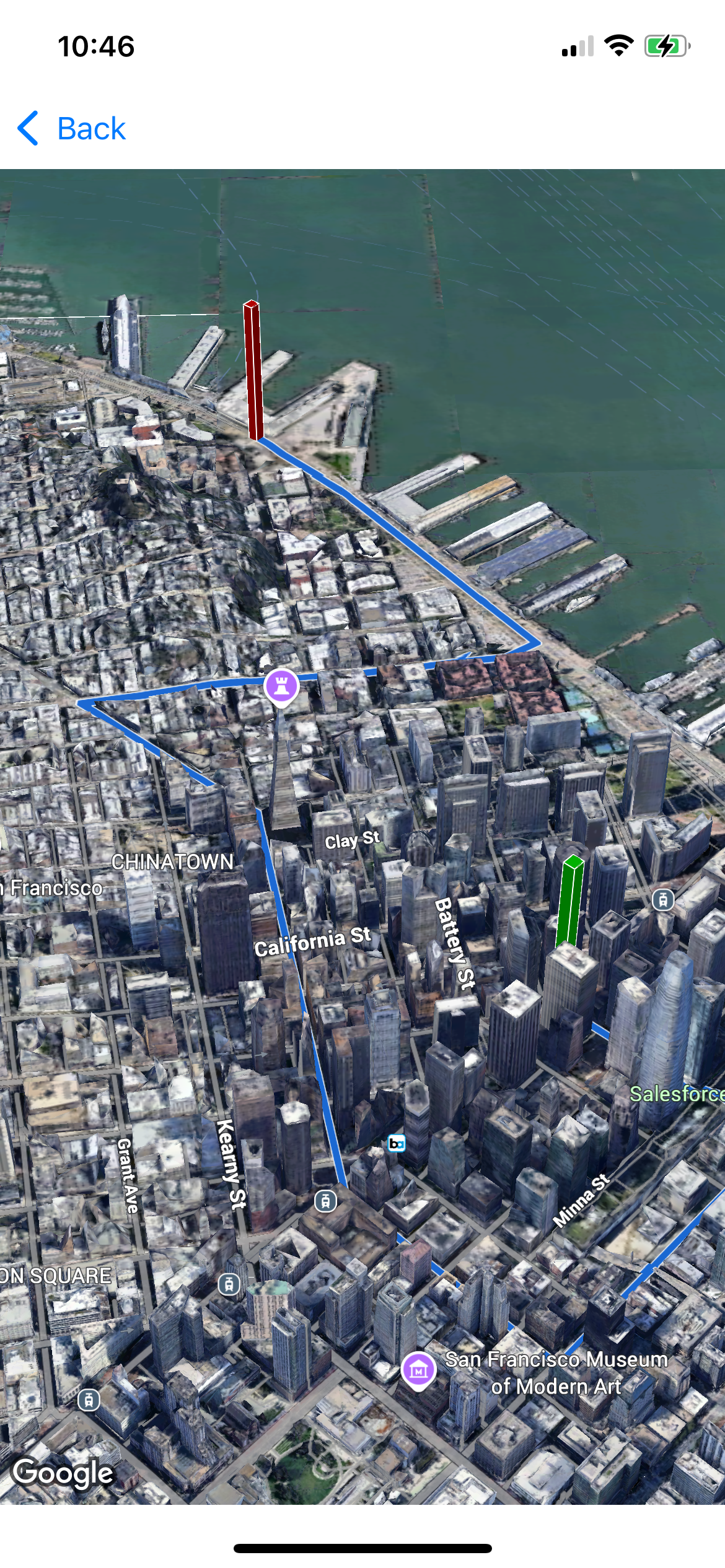 舊金山的 3D 地圖，顯示兩個多邊形和一條折線