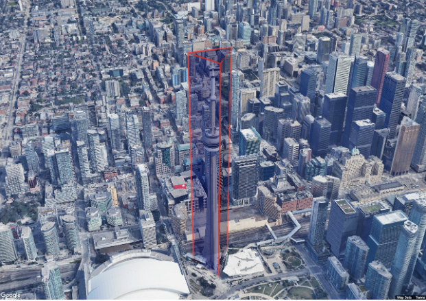 Uma visualização do local com um polígono extrudado.