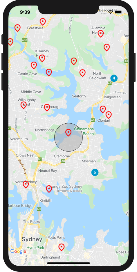Peta dengan penanda di aplikasi iOS