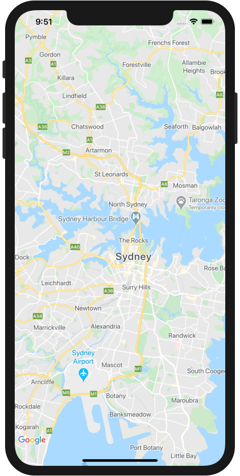 iOS app showing a Google Map