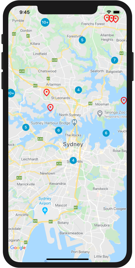Aplikasi iOS dengan Google Maps dan penanda yang dikelompokkan