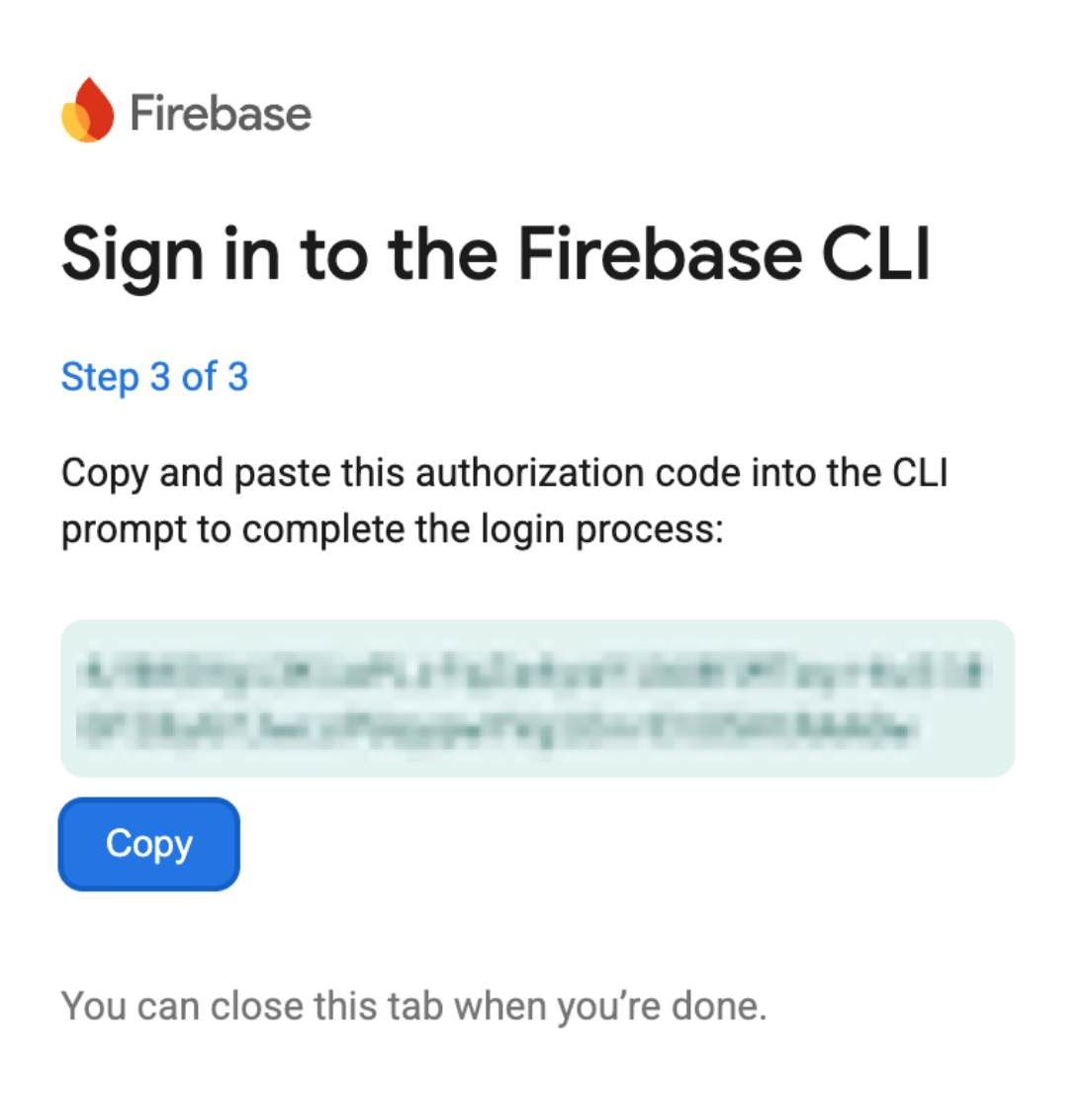 Gambar yang menampilkan kode otorisasi Firebase.