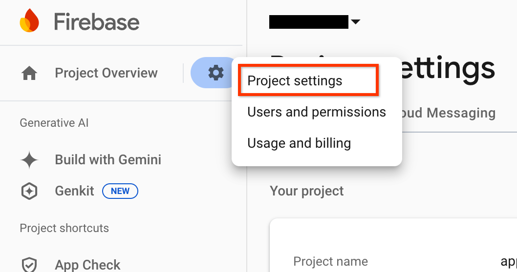Item de menu "Configurações do projeto".