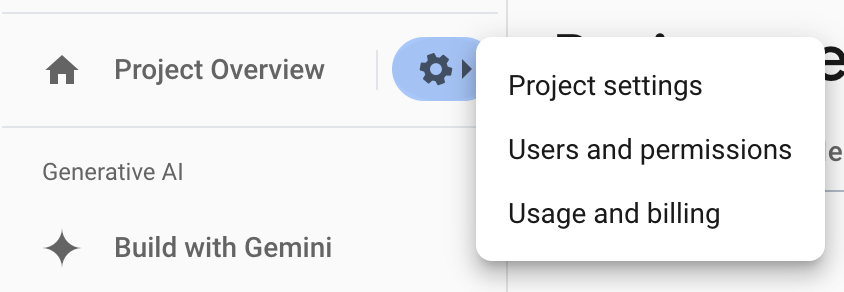 Immagine che mostra le impostazioni del progetto Firebase