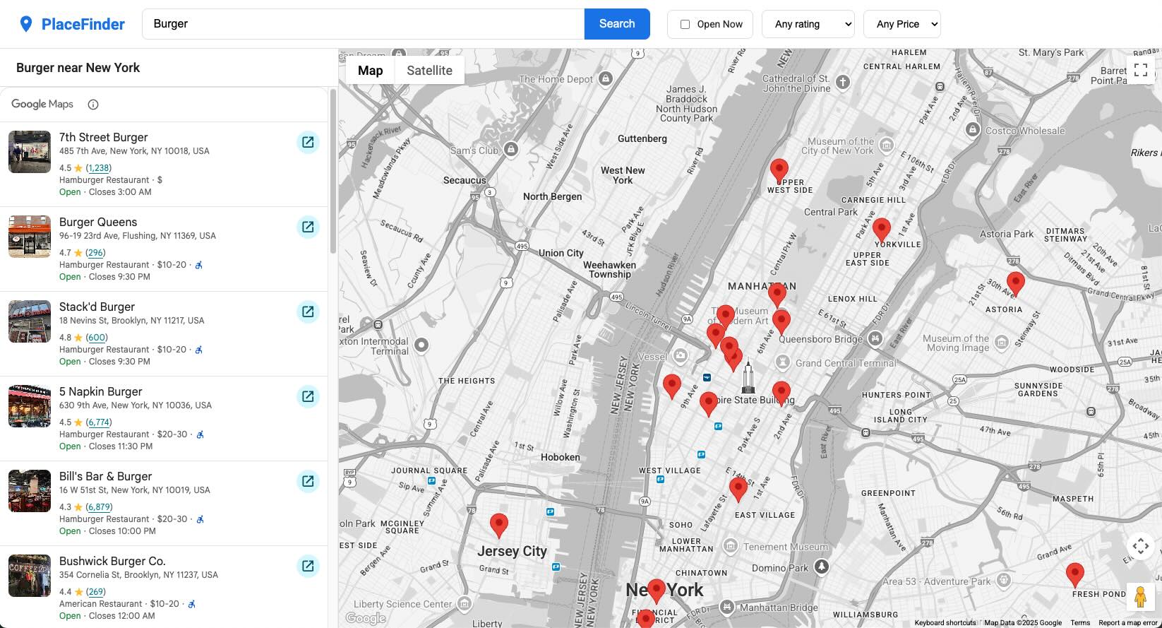 Captura de tela do aplicativo PlaceFinder concluído, mostrando um mapa de Nova York com marcadores, uma barra lateral com resultados da pesquisa e um card de detalhes aberto.