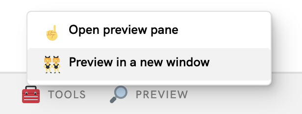 Botão "Visualizar em uma nova janela" no menu de navegação na parte de baixo do Glitch