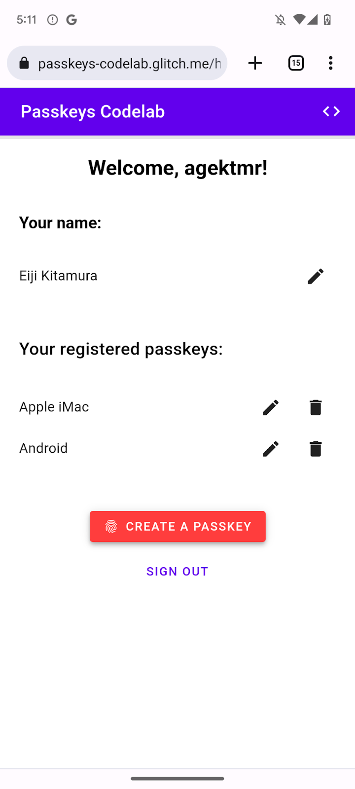 Registered passkeys listed on the /home page