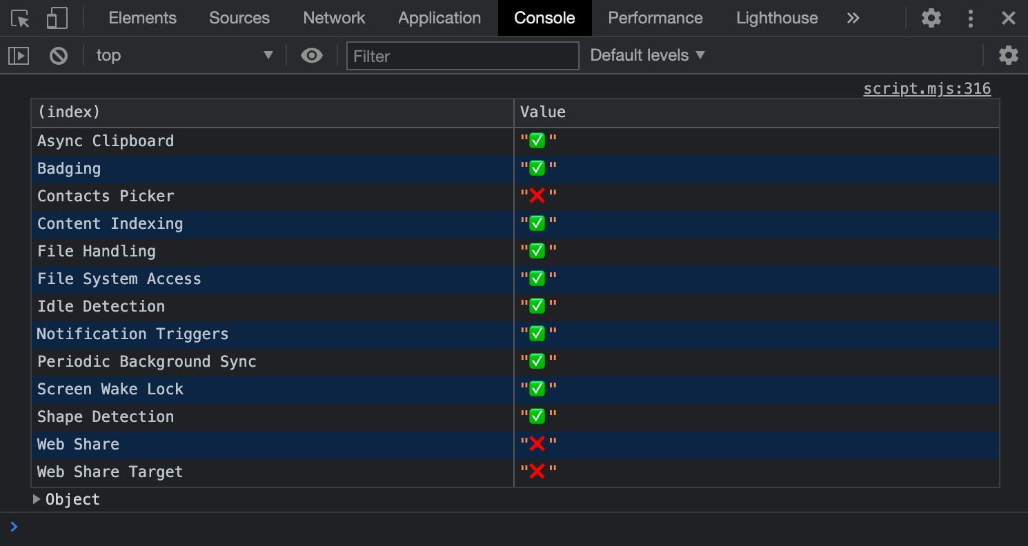 API compatibility logged to the Console in DevTools.