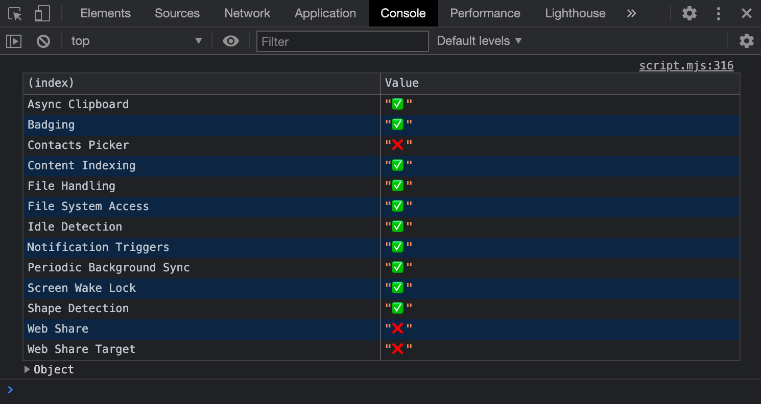 DevTools में Console में एपीआई के साथ काम करने की सुविधा लॉग की गई है.