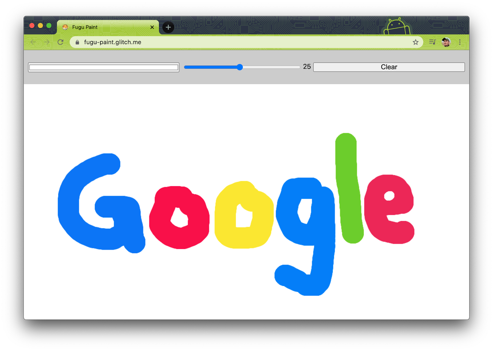 Fugu Greetings का बेसलाइन PWA, जिसमें एक बड़ा कैनवस है. इस पर “Google” लिखा हुआ है.