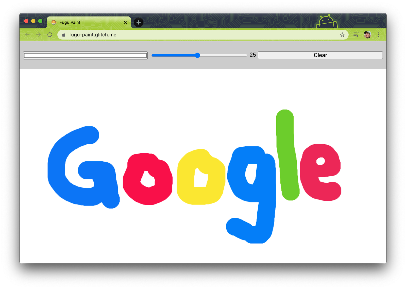 Fugu Greetings bazowa aplikacja PWA z wielkim odbitką na płótnie namalowaną słowem &ldquo;Google&rdquo; namalowaną na tym tle.