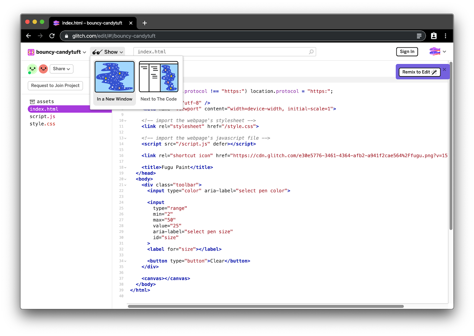 Glitch IDE में एचटीएमएल दस्तावेज़ में बदलाव करने का तरीका दिखाया गया है.