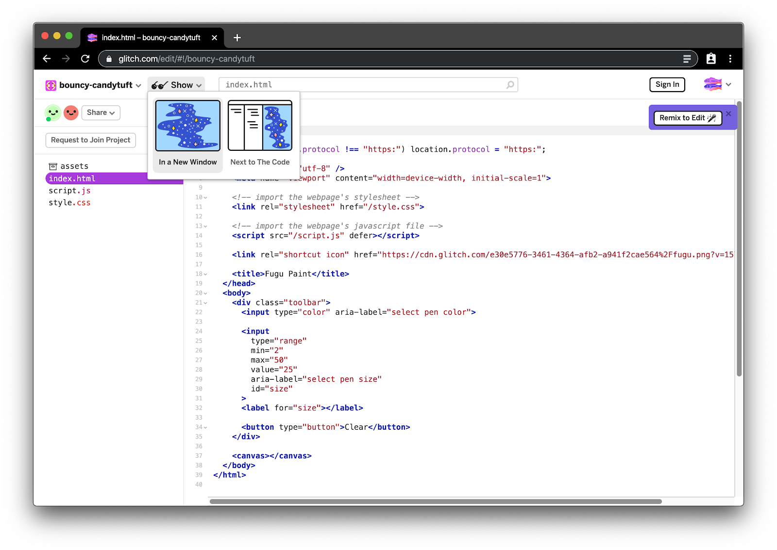 Die Glitch-IDE zeigt die Bearbeitung eines HTML-Dokuments.