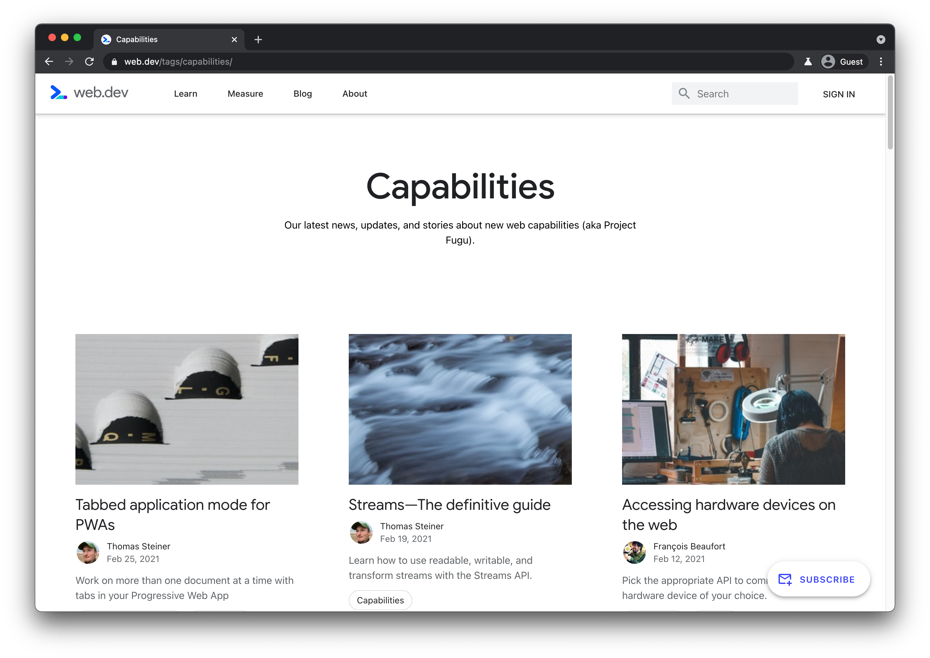 Landing page of the “Capabilities” section of the site web.dev.