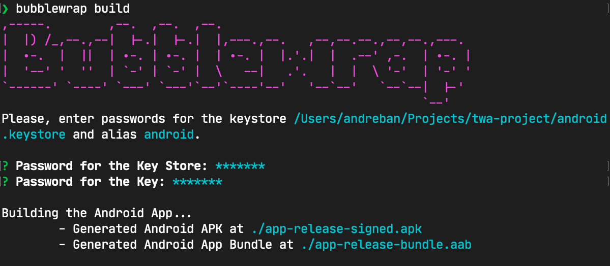 Saída da CLI do Bubblewrap para criar um projeto, pedindo senhas para a chave de assinatura e mostrando a geração de diferentes versões do app Android.