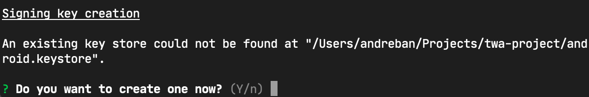 Assistente da CLI Bubblewrap perguntando se o usuário quer criar uma nova chave de assinatura.