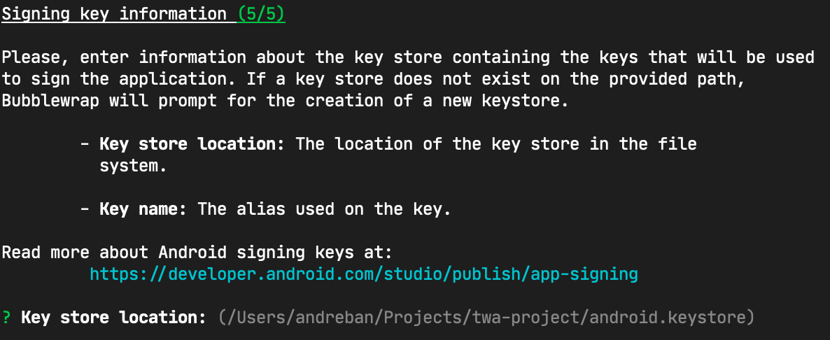 Bubblewrap CLI wizard asking for the location of the user&rsquo;s existing signing key location and name.