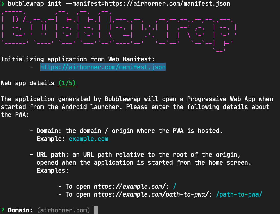 Assistente da CLI Bubblewrap mostrando uma inicialização do airhorner com o domínio substituído por example.com e os URLs de inicialização substituídos.