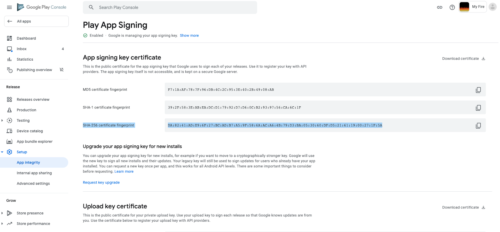Tela &quot;Integridade do app&quot; com a impressão digital do certificado SHA-256 em destaque.
