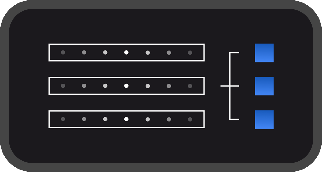 Dark UI with three dotted bars linked to blue squares