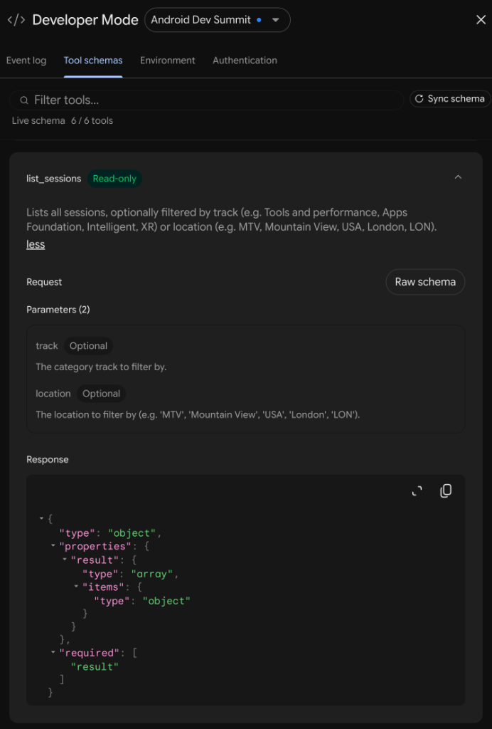 Tool Schemas tab displaying safety badges, parameter constraints,
              and response previews.