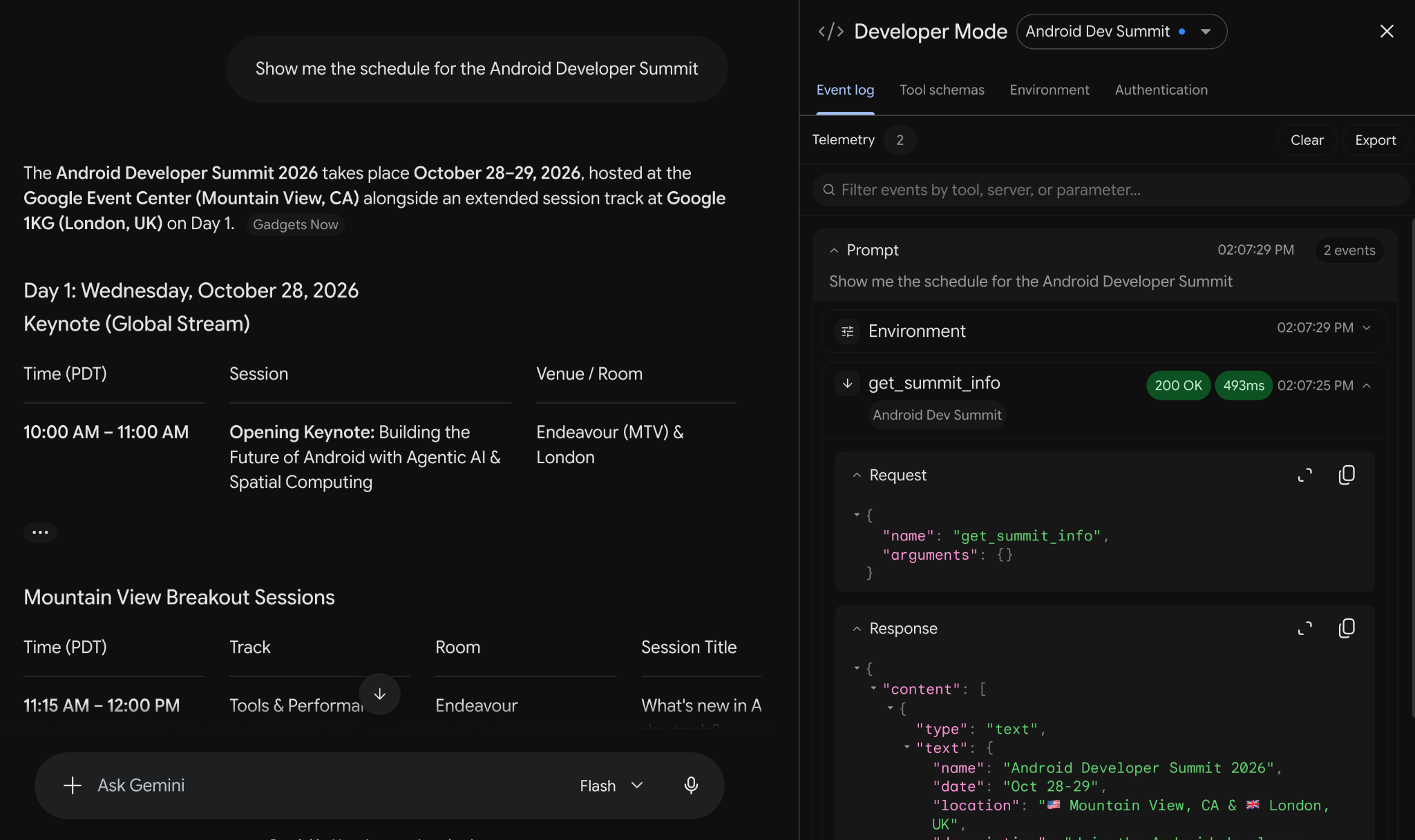 Gemini Apps Developer Mode split-pane interface showing a Gemini
              chat conversation on the left and the Event log inspector on the
              right with an expanded get_summit_info event displaying 200 OK,
              execution latency, and formatted Request and Response JSON
              payloads.