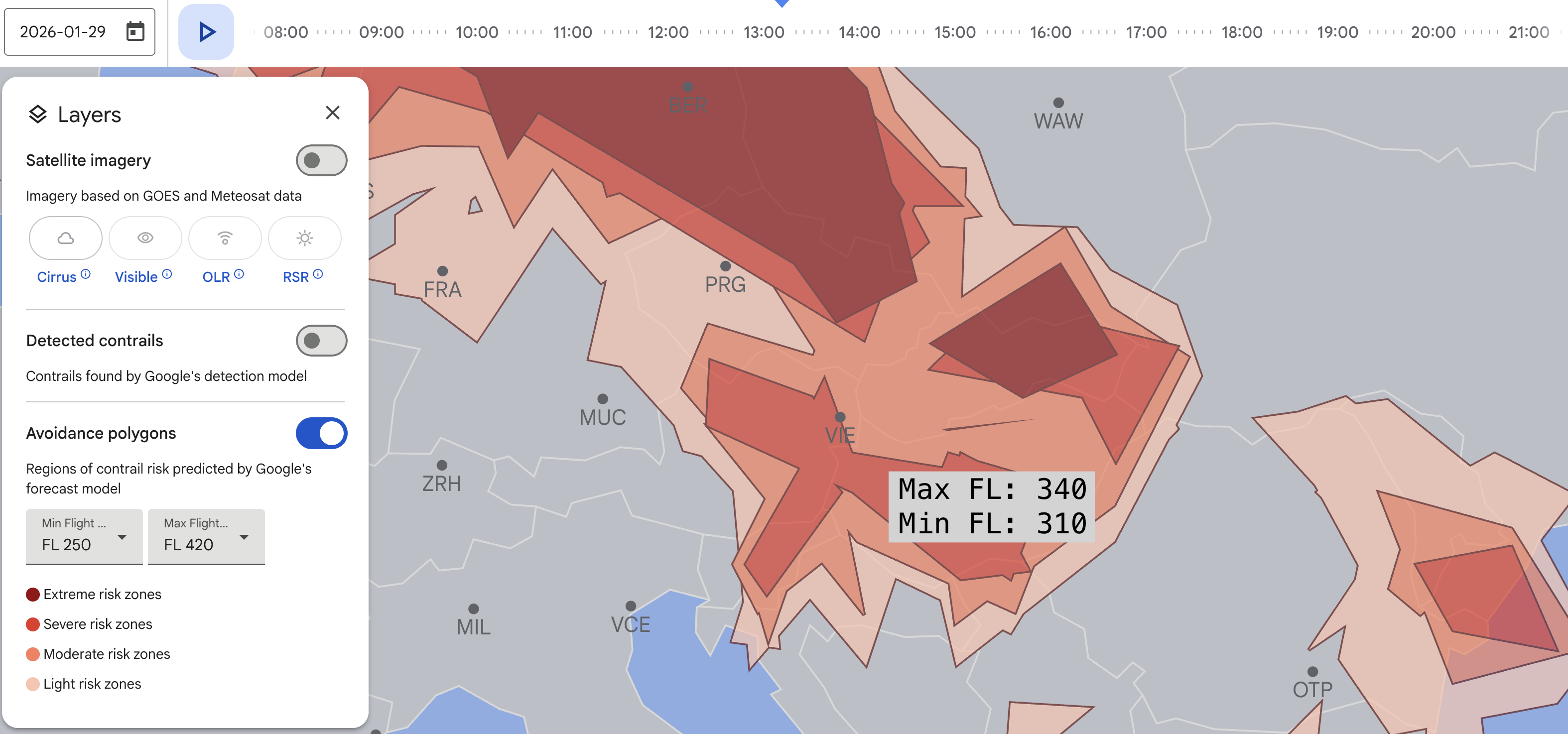 Visualización del Explorador de estelas de condensación de las regiones de pronóstico en partes de Europa, con la región seleccionada de prevención de estelas de condensación con un nivel de vuelo máximo de 340 y un nivel de vuelo mínimo de 310.