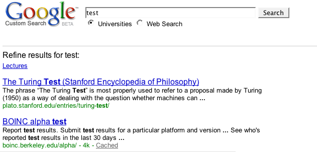 La página de resultados de búsqueda
con un vínculo para definir mejor lo que se llama &quot;Clases&quot;