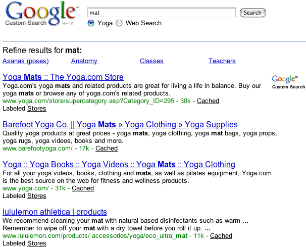 Beispiel für eine Suchmaschine,
die das Keyword „Yoga“