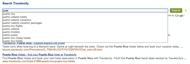 Si escribes p-u-e-r en un Motor de Búsqueda Programable de un sitio de viajes, aparece una lista desplegable con opciones como Puerto Rico, Hoteles en Puerto vallarta, vacaciones en Puerto Valarta, etcétera.