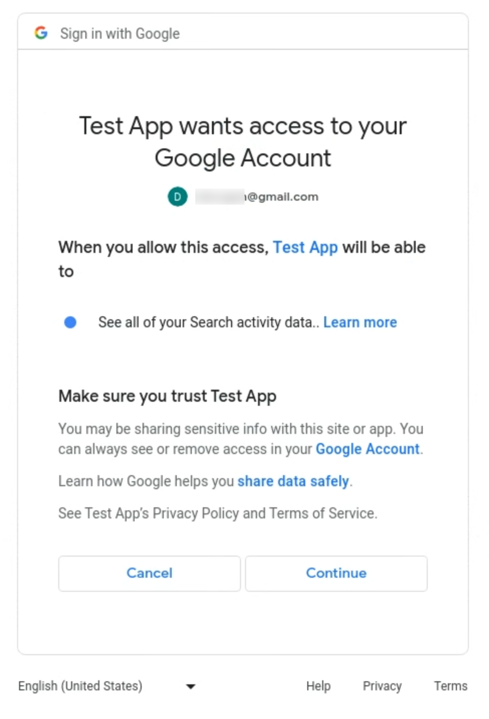 La schermata del consenso in cui l'utente accetta di consentire l'accesso ai dati delle attività di ricerca